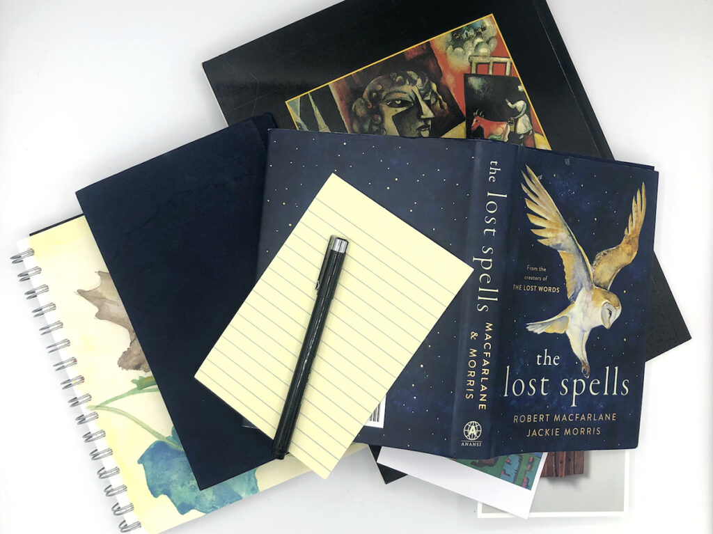 books, notepad, pen